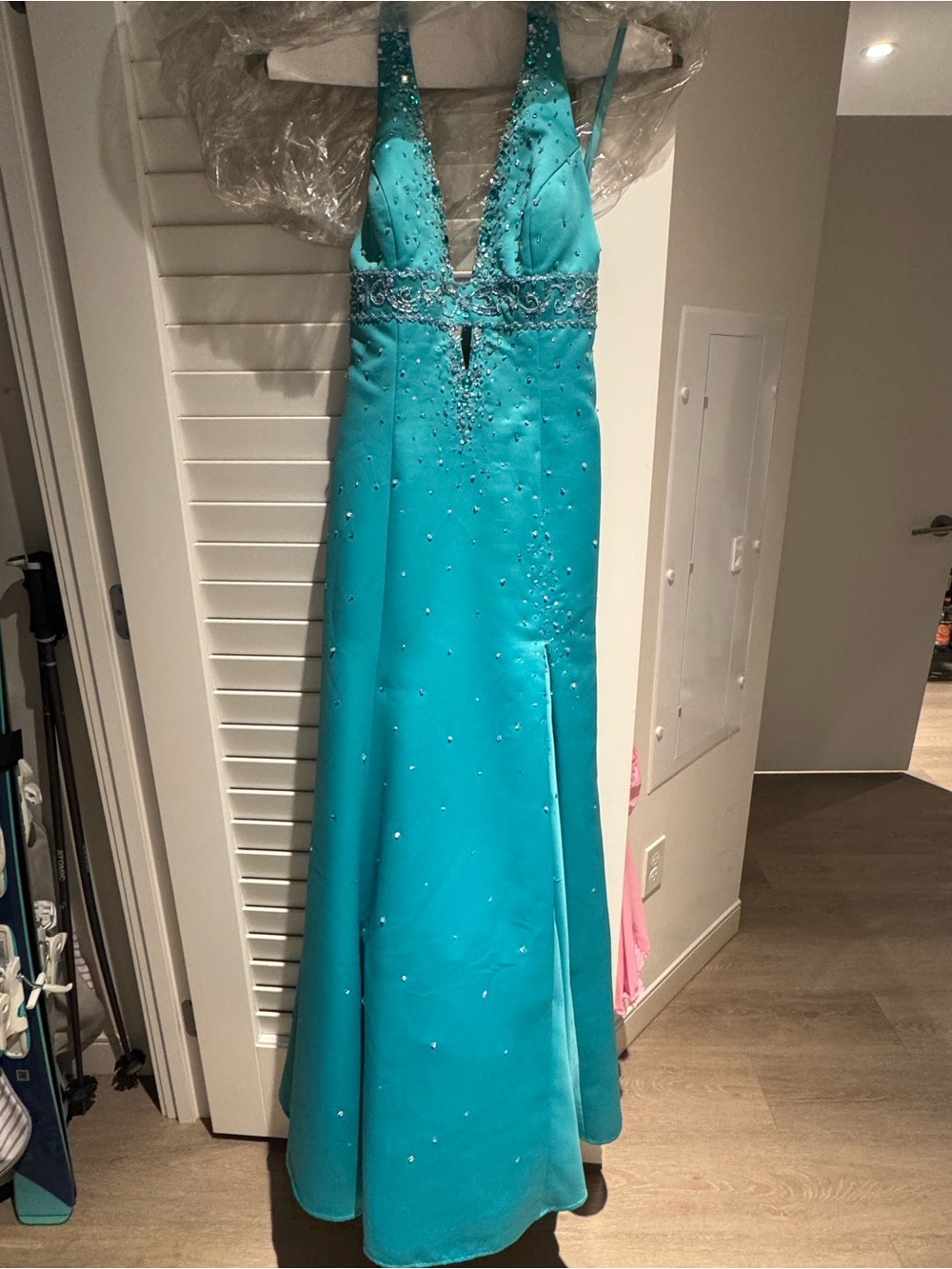 Mori Lee Teal Halter Evening Dress with Beaded Detail